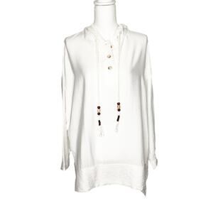 Ikoll Ecru Crinkle Hooded Tunic Top Beaded Drawstring Large NWT